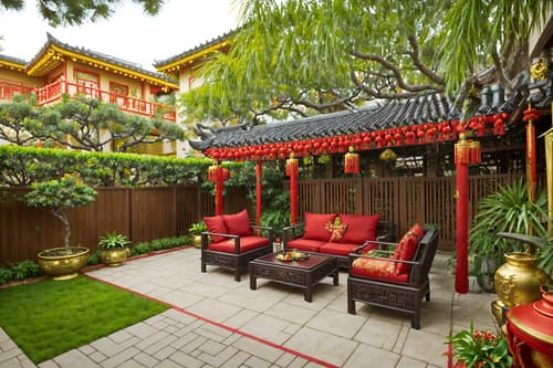 photo from pinterest of chinese new year-style designed (outdoor patio ) with barbeque or grill and plant and grass and deck with deck chairs and patio couch with pillows and barbeque or grill. . with red and gold tassels and chinese knots and money tree and vases of plum blossoms and orchids and mei hwa flowers and paper cuttings and red and gold candles and zodiac calendar. . cinematic photo, highly detailed, cinematic lighting, ultra-detailed, ultrarealistic, photorealism, 8k. trending on pinterest. chinese new year design style. masterpiece, cinematic light, ultrarealistic+, photorealistic+, 8k, raw photo, realistic, sharp focus on eyes, (symmetrical eyes), (intact eyes), hyperrealistic, highest quality, best quality, , highly detailed, masterpiece, best quality, extremely detailed 8k wallpaper, masterpiece, best quality, ultra-detailed, best shadow, detailed background, detailed face, detailed eyes, high contrast, best illumination, detailed face, dulux, caustic, dynamic angle, detailed glow. dramatic lighting. highly detailed, insanely detailed hair, symmetrical, intricate details, professionally retouched, 8k high definition. strong bokeh. award winning photo.