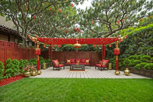 photo from pinterest of chinese new year-style designed (outdoor patio ) with barbeque or grill and plant and grass and deck with deck chairs and patio couch with pillows and barbeque or grill. . with red and gold tassels and chinese knots and money tree and vases of plum blossoms and orchids and mei hwa flowers and paper cuttings and red and gold candles and zodiac calendar. . cinematic photo, highly detailed, cinematic lighting, ultra-detailed, ultrarealistic, photorealism, 8k. trending on pinterest. chinese new year design style. masterpiece, cinematic light, ultrarealistic+, photorealistic+, 8k, raw photo, realistic, sharp focus on eyes, (symmetrical eyes), (intact eyes), hyperrealistic, highest quality, best quality, , highly detailed, masterpiece, best quality, extremely detailed 8k wallpaper, masterpiece, best quality, ultra-detailed, best shadow, detailed background, detailed face, detailed eyes, high contrast, best illumination, detailed face, dulux, caustic, dynamic angle, detailed glow. dramatic lighting. highly detailed, insanely detailed hair, symmetrical, intricate details, professionally retouched, 8k high definition. strong bokeh. award winning photo.
