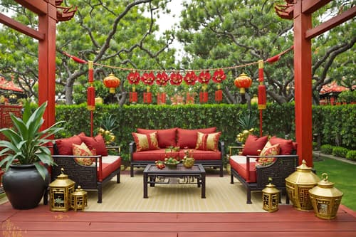 photo from pinterest of chinese new year-style designed (outdoor patio ) with barbeque or grill and plant and grass and deck with deck chairs and patio couch with pillows and barbeque or grill. . with red and gold tassels and chinese knots and money tree and vases of plum blossoms and orchids and mei hwa flowers and paper cuttings and red and gold candles and zodiac calendar. . cinematic photo, highly detailed, cinematic lighting, ultra-detailed, ultrarealistic, photorealism, 8k. trending on pinterest. chinese new year design style. masterpiece, cinematic light, ultrarealistic+, photorealistic+, 8k, raw photo, realistic, sharp focus on eyes, (symmetrical eyes), (intact eyes), hyperrealistic, highest quality, best quality, , highly detailed, masterpiece, best quality, extremely detailed 8k wallpaper, masterpiece, best quality, ultra-detailed, best shadow, detailed background, detailed face, detailed eyes, high contrast, best illumination, detailed face, dulux, caustic, dynamic angle, detailed glow. dramatic lighting. highly detailed, insanely detailed hair, symmetrical, intricate details, professionally retouched, 8k high definition. strong bokeh. award winning photo.