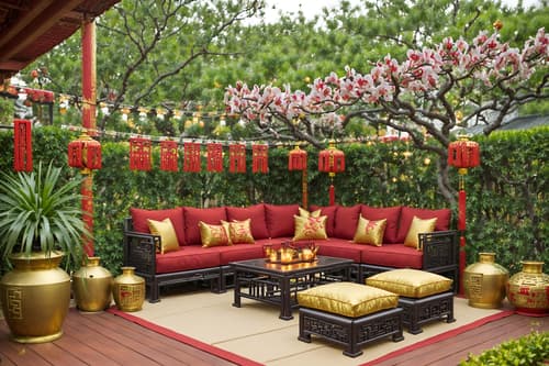 photo from pinterest of chinese new year-style designed (outdoor patio ) with barbeque or grill and plant and grass and deck with deck chairs and patio couch with pillows and barbeque or grill. . with red and gold tassels and chinese knots and money tree and vases of plum blossoms and orchids and mei hwa flowers and paper cuttings and red and gold candles and zodiac calendar. . cinematic photo, highly detailed, cinematic lighting, ultra-detailed, ultrarealistic, photorealism, 8k. trending on pinterest. chinese new year design style. masterpiece, cinematic light, ultrarealistic+, photorealistic+, 8k, raw photo, realistic, sharp focus on eyes, (symmetrical eyes), (intact eyes), hyperrealistic, highest quality, best quality, , highly detailed, masterpiece, best quality, extremely detailed 8k wallpaper, masterpiece, best quality, ultra-detailed, best shadow, detailed background, detailed face, detailed eyes, high contrast, best illumination, detailed face, dulux, caustic, dynamic angle, detailed glow. dramatic lighting. highly detailed, insanely detailed hair, symmetrical, intricate details, professionally retouched, 8k high definition. strong bokeh. award winning photo.