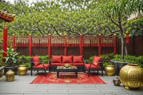 photo from pinterest of chinese new year-style designed (outdoor patio ) with barbeque or grill and plant and grass and deck with deck chairs and patio couch with pillows and barbeque or grill. . with red and gold tassels and chinese knots and money tree and vases of plum blossoms and orchids and mei hwa flowers and paper cuttings and red and gold candles and zodiac calendar. . cinematic photo, highly detailed, cinematic lighting, ultra-detailed, ultrarealistic, photorealism, 8k. trending on pinterest. chinese new year design style. masterpiece, cinematic light, ultrarealistic+, photorealistic+, 8k, raw photo, realistic, sharp focus on eyes, (symmetrical eyes), (intact eyes), hyperrealistic, highest quality, best quality, , highly detailed, masterpiece, best quality, extremely detailed 8k wallpaper, masterpiece, best quality, ultra-detailed, best shadow, detailed background, detailed face, detailed eyes, high contrast, best illumination, detailed face, dulux, caustic, dynamic angle, detailed glow. dramatic lighting. highly detailed, insanely detailed hair, symmetrical, intricate details, professionally retouched, 8k high definition. strong bokeh. award winning photo.