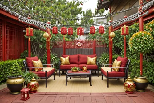 photo from pinterest of chinese new year-style designed (outdoor patio ) with barbeque or grill and plant and grass and deck with deck chairs and patio couch with pillows and barbeque or grill. . with red and gold tassels and chinese knots and money tree and vases of plum blossoms and orchids and mei hwa flowers and paper cuttings and red and gold candles and zodiac calendar. . cinematic photo, highly detailed, cinematic lighting, ultra-detailed, ultrarealistic, photorealism, 8k. trending on pinterest. chinese new year design style. masterpiece, cinematic light, ultrarealistic+, photorealistic+, 8k, raw photo, realistic, sharp focus on eyes, (symmetrical eyes), (intact eyes), hyperrealistic, highest quality, best quality, , highly detailed, masterpiece, best quality, extremely detailed 8k wallpaper, masterpiece, best quality, ultra-detailed, best shadow, detailed background, detailed face, detailed eyes, high contrast, best illumination, detailed face, dulux, caustic, dynamic angle, detailed glow. dramatic lighting. highly detailed, insanely detailed hair, symmetrical, intricate details, professionally retouched, 8k high definition. strong bokeh. award winning photo.