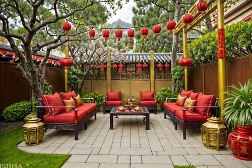 photo from pinterest of chinese new year-style designed (outdoor patio ) with barbeque or grill and plant and grass and deck with deck chairs and patio couch with pillows and barbeque or grill. . with red and gold tassels and chinese knots and money tree and vases of plum blossoms and orchids and mei hwa flowers and paper cuttings and red and gold candles and zodiac calendar. . cinematic photo, highly detailed, cinematic lighting, ultra-detailed, ultrarealistic, photorealism, 8k. trending on pinterest. chinese new year design style. masterpiece, cinematic light, ultrarealistic+, photorealistic+, 8k, raw photo, realistic, sharp focus on eyes, (symmetrical eyes), (intact eyes), hyperrealistic, highest quality, best quality, , highly detailed, masterpiece, best quality, extremely detailed 8k wallpaper, masterpiece, best quality, ultra-detailed, best shadow, detailed background, detailed face, detailed eyes, high contrast, best illumination, detailed face, dulux, caustic, dynamic angle, detailed glow. dramatic lighting. highly detailed, insanely detailed hair, symmetrical, intricate details, professionally retouched, 8k high definition. strong bokeh. award winning photo.