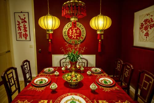 photo from pinterest of chinese new year-style interior designed (dining room interior) with painting or photo on wall and plant and vase and dining table chairs and dining table and light or chandelier and table cloth and plates, cutlery and glasses on dining table. . with fai chun banners and red and gold candles and red and gold tassels and red fabric & pillows and gold ingots and door couplets and kumquat trees and chinese knots. . cinematic photo, highly detailed, cinematic lighting, ultra-detailed, ultrarealistic, photorealism, 8k. trending on pinterest. chinese new year interior design style. masterpiece, cinematic light, ultrarealistic+, photorealistic+, 8k, raw photo, realistic, sharp focus on eyes, (symmetrical eyes), (intact eyes), hyperrealistic, highest quality, best quality, , highly detailed, masterpiece, best quality, extremely detailed 8k wallpaper, masterpiece, best quality, ultra-detailed, best shadow, detailed background, detailed face, detailed eyes, high contrast, best illumination, detailed face, dulux, caustic, dynamic angle, detailed glow. dramatic lighting. highly detailed, insanely detailed hair, symmetrical, intricate details, professionally retouched, 8k high definition. strong bokeh. award winning photo.