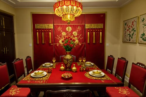 photo from pinterest of chinese new year-style interior designed (dining room interior) with painting or photo on wall and plant and vase and dining table chairs and dining table and light or chandelier and table cloth and plates, cutlery and glasses on dining table. . with fai chun banners and red and gold candles and red and gold tassels and red fabric & pillows and gold ingots and door couplets and kumquat trees and chinese knots. . cinematic photo, highly detailed, cinematic lighting, ultra-detailed, ultrarealistic, photorealism, 8k. trending on pinterest. chinese new year interior design style. masterpiece, cinematic light, ultrarealistic+, photorealistic+, 8k, raw photo, realistic, sharp focus on eyes, (symmetrical eyes), (intact eyes), hyperrealistic, highest quality, best quality, , highly detailed, masterpiece, best quality, extremely detailed 8k wallpaper, masterpiece, best quality, ultra-detailed, best shadow, detailed background, detailed face, detailed eyes, high contrast, best illumination, detailed face, dulux, caustic, dynamic angle, detailed glow. dramatic lighting. highly detailed, insanely detailed hair, symmetrical, intricate details, professionally retouched, 8k high definition. strong bokeh. award winning photo.