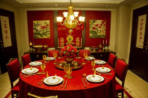 photo from pinterest of chinese new year-style interior designed (dining room interior) with painting or photo on wall and plant and vase and dining table chairs and dining table and light or chandelier and table cloth and plates, cutlery and glasses on dining table. . with fai chun banners and red and gold candles and red and gold tassels and red fabric & pillows and gold ingots and door couplets and kumquat trees and chinese knots. . cinematic photo, highly detailed, cinematic lighting, ultra-detailed, ultrarealistic, photorealism, 8k. trending on pinterest. chinese new year interior design style. masterpiece, cinematic light, ultrarealistic+, photorealistic+, 8k, raw photo, realistic, sharp focus on eyes, (symmetrical eyes), (intact eyes), hyperrealistic, highest quality, best quality, , highly detailed, masterpiece, best quality, extremely detailed 8k wallpaper, masterpiece, best quality, ultra-detailed, best shadow, detailed background, detailed face, detailed eyes, high contrast, best illumination, detailed face, dulux, caustic, dynamic angle, detailed glow. dramatic lighting. highly detailed, insanely detailed hair, symmetrical, intricate details, professionally retouched, 8k high definition. strong bokeh. award winning photo.