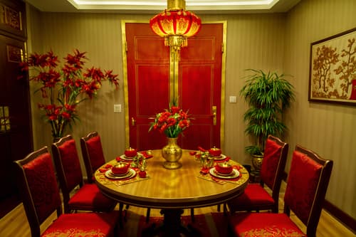 photo from pinterest of chinese new year-style interior designed (dining room interior) with painting or photo on wall and plant and vase and dining table chairs and dining table and light or chandelier and table cloth and plates, cutlery and glasses on dining table. . with fai chun banners and red and gold candles and red and gold tassels and red fabric & pillows and gold ingots and door couplets and kumquat trees and chinese knots. . cinematic photo, highly detailed, cinematic lighting, ultra-detailed, ultrarealistic, photorealism, 8k. trending on pinterest. chinese new year interior design style. masterpiece, cinematic light, ultrarealistic+, photorealistic+, 8k, raw photo, realistic, sharp focus on eyes, (symmetrical eyes), (intact eyes), hyperrealistic, highest quality, best quality, , highly detailed, masterpiece, best quality, extremely detailed 8k wallpaper, masterpiece, best quality, ultra-detailed, best shadow, detailed background, detailed face, detailed eyes, high contrast, best illumination, detailed face, dulux, caustic, dynamic angle, detailed glow. dramatic lighting. highly detailed, insanely detailed hair, symmetrical, intricate details, professionally retouched, 8k high definition. strong bokeh. award winning photo.