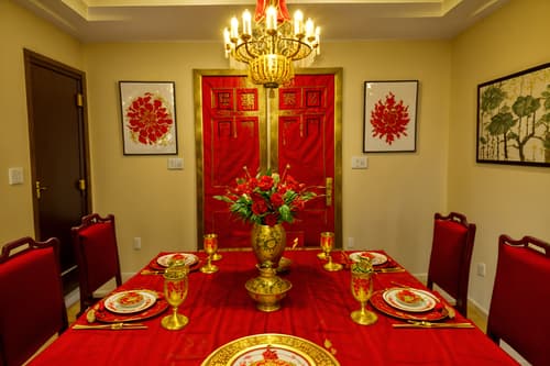 photo from pinterest of chinese new year-style interior designed (dining room interior) with painting or photo on wall and plant and vase and dining table chairs and dining table and light or chandelier and table cloth and plates, cutlery and glasses on dining table. . with fai chun banners and red and gold candles and red and gold tassels and red fabric & pillows and gold ingots and door couplets and kumquat trees and chinese knots. . cinematic photo, highly detailed, cinematic lighting, ultra-detailed, ultrarealistic, photorealism, 8k. trending on pinterest. chinese new year interior design style. masterpiece, cinematic light, ultrarealistic+, photorealistic+, 8k, raw photo, realistic, sharp focus on eyes, (symmetrical eyes), (intact eyes), hyperrealistic, highest quality, best quality, , highly detailed, masterpiece, best quality, extremely detailed 8k wallpaper, masterpiece, best quality, ultra-detailed, best shadow, detailed background, detailed face, detailed eyes, high contrast, best illumination, detailed face, dulux, caustic, dynamic angle, detailed glow. dramatic lighting. highly detailed, insanely detailed hair, symmetrical, intricate details, professionally retouched, 8k high definition. strong bokeh. award winning photo.