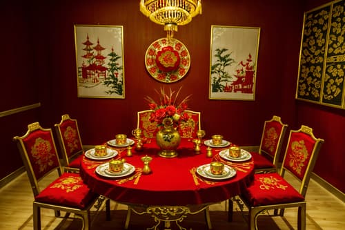 photo from pinterest of chinese new year-style interior designed (dining room interior) with painting or photo on wall and plant and vase and dining table chairs and dining table and light or chandelier and table cloth and plates, cutlery and glasses on dining table. . with fai chun banners and red and gold candles and red and gold tassels and red fabric & pillows and gold ingots and door couplets and kumquat trees and chinese knots. . cinematic photo, highly detailed, cinematic lighting, ultra-detailed, ultrarealistic, photorealism, 8k. trending on pinterest. chinese new year interior design style. masterpiece, cinematic light, ultrarealistic+, photorealistic+, 8k, raw photo, realistic, sharp focus on eyes, (symmetrical eyes), (intact eyes), hyperrealistic, highest quality, best quality, , highly detailed, masterpiece, best quality, extremely detailed 8k wallpaper, masterpiece, best quality, ultra-detailed, best shadow, detailed background, detailed face, detailed eyes, high contrast, best illumination, detailed face, dulux, caustic, dynamic angle, detailed glow. dramatic lighting. highly detailed, insanely detailed hair, symmetrical, intricate details, professionally retouched, 8k high definition. strong bokeh. award winning photo.