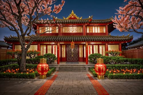 photo from pinterest of chinese new year-style exterior designed (house exterior exterior) . with red and gold candles and orange trees and zodiac calendar and vases of plum blossoms and orchids and chinese red lanterns and door couplets and red and gold tassels and kumquat trees. . cinematic photo, highly detailed, cinematic lighting, ultra-detailed, ultrarealistic, photorealism, 8k. trending on pinterest. chinese new year exterior design style. masterpiece, cinematic light, ultrarealistic+, photorealistic+, 8k, raw photo, realistic, sharp focus on eyes, (symmetrical eyes), (intact eyes), hyperrealistic, highest quality, best quality, , highly detailed, masterpiece, best quality, extremely detailed 8k wallpaper, masterpiece, best quality, ultra-detailed, best shadow, detailed background, detailed face, detailed eyes, high contrast, best illumination, detailed face, dulux, caustic, dynamic angle, detailed glow. dramatic lighting. highly detailed, insanely detailed hair, symmetrical, intricate details, professionally retouched, 8k high definition. strong bokeh. award winning photo.