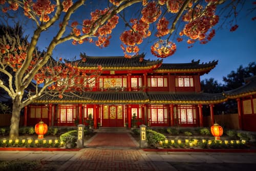 photo from pinterest of chinese new year-style exterior designed (house exterior exterior) . with red and gold candles and orange trees and zodiac calendar and vases of plum blossoms and orchids and chinese red lanterns and door couplets and red and gold tassels and kumquat trees. . cinematic photo, highly detailed, cinematic lighting, ultra-detailed, ultrarealistic, photorealism, 8k. trending on pinterest. chinese new year exterior design style. masterpiece, cinematic light, ultrarealistic+, photorealistic+, 8k, raw photo, realistic, sharp focus on eyes, (symmetrical eyes), (intact eyes), hyperrealistic, highest quality, best quality, , highly detailed, masterpiece, best quality, extremely detailed 8k wallpaper, masterpiece, best quality, ultra-detailed, best shadow, detailed background, detailed face, detailed eyes, high contrast, best illumination, detailed face, dulux, caustic, dynamic angle, detailed glow. dramatic lighting. highly detailed, insanely detailed hair, symmetrical, intricate details, professionally retouched, 8k high definition. strong bokeh. award winning photo.