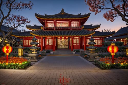 photo from pinterest of chinese new year-style exterior designed (house exterior exterior) . with red and gold candles and orange trees and zodiac calendar and vases of plum blossoms and orchids and chinese red lanterns and door couplets and red and gold tassels and kumquat trees. . cinematic photo, highly detailed, cinematic lighting, ultra-detailed, ultrarealistic, photorealism, 8k. trending on pinterest. chinese new year exterior design style. masterpiece, cinematic light, ultrarealistic+, photorealistic+, 8k, raw photo, realistic, sharp focus on eyes, (symmetrical eyes), (intact eyes), hyperrealistic, highest quality, best quality, , highly detailed, masterpiece, best quality, extremely detailed 8k wallpaper, masterpiece, best quality, ultra-detailed, best shadow, detailed background, detailed face, detailed eyes, high contrast, best illumination, detailed face, dulux, caustic, dynamic angle, detailed glow. dramatic lighting. highly detailed, insanely detailed hair, symmetrical, intricate details, professionally retouched, 8k high definition. strong bokeh. award winning photo.