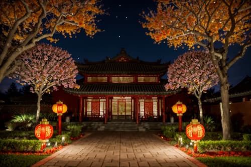 photo from pinterest of chinese new year-style exterior designed (house exterior exterior) . with red and gold candles and orange trees and zodiac calendar and vases of plum blossoms and orchids and chinese red lanterns and door couplets and red and gold tassels and kumquat trees. . cinematic photo, highly detailed, cinematic lighting, ultra-detailed, ultrarealistic, photorealism, 8k. trending on pinterest. chinese new year exterior design style. masterpiece, cinematic light, ultrarealistic+, photorealistic+, 8k, raw photo, realistic, sharp focus on eyes, (symmetrical eyes), (intact eyes), hyperrealistic, highest quality, best quality, , highly detailed, masterpiece, best quality, extremely detailed 8k wallpaper, masterpiece, best quality, ultra-detailed, best shadow, detailed background, detailed face, detailed eyes, high contrast, best illumination, detailed face, dulux, caustic, dynamic angle, detailed glow. dramatic lighting. highly detailed, insanely detailed hair, symmetrical, intricate details, professionally retouched, 8k high definition. strong bokeh. award winning photo.