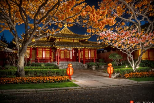 photo from pinterest of chinese new year-style exterior designed (house exterior exterior) . with red and gold candles and orange trees and zodiac calendar and vases of plum blossoms and orchids and chinese red lanterns and door couplets and red and gold tassels and kumquat trees. . cinematic photo, highly detailed, cinematic lighting, ultra-detailed, ultrarealistic, photorealism, 8k. trending on pinterest. chinese new year exterior design style. masterpiece, cinematic light, ultrarealistic+, photorealistic+, 8k, raw photo, realistic, sharp focus on eyes, (symmetrical eyes), (intact eyes), hyperrealistic, highest quality, best quality, , highly detailed, masterpiece, best quality, extremely detailed 8k wallpaper, masterpiece, best quality, ultra-detailed, best shadow, detailed background, detailed face, detailed eyes, high contrast, best illumination, detailed face, dulux, caustic, dynamic angle, detailed glow. dramatic lighting. highly detailed, insanely detailed hair, symmetrical, intricate details, professionally retouched, 8k high definition. strong bokeh. award winning photo.