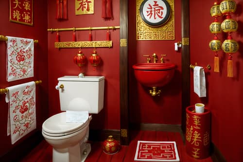 photo from pinterest of chinese new year-style interior designed (toilet interior) with sink with tap and toilet with toilet seat up and toilet paper hanger and sink with tap. . with zodiac calendar and chinese red lanterns and red and gold candles and money tree and paper firecrackers and red and gold tassels and gold ingots and red fabric & pillows. . cinematic photo, highly detailed, cinematic lighting, ultra-detailed, ultrarealistic, photorealism, 8k. trending on pinterest. chinese new year interior design style. masterpiece, cinematic light, ultrarealistic+, photorealistic+, 8k, raw photo, realistic, sharp focus on eyes, (symmetrical eyes), (intact eyes), hyperrealistic, highest quality, best quality, , highly detailed, masterpiece, best quality, extremely detailed 8k wallpaper, masterpiece, best quality, ultra-detailed, best shadow, detailed background, detailed face, detailed eyes, high contrast, best illumination, detailed face, dulux, caustic, dynamic angle, detailed glow. dramatic lighting. highly detailed, insanely detailed hair, symmetrical, intricate details, professionally retouched, 8k high definition. strong bokeh. award winning photo.