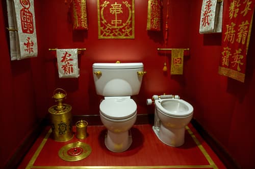 photo from pinterest of chinese new year-style interior designed (toilet interior) with sink with tap and toilet with toilet seat up and toilet paper hanger and sink with tap. . with zodiac calendar and chinese red lanterns and red and gold candles and money tree and paper firecrackers and red and gold tassels and gold ingots and red fabric & pillows. . cinematic photo, highly detailed, cinematic lighting, ultra-detailed, ultrarealistic, photorealism, 8k. trending on pinterest. chinese new year interior design style. masterpiece, cinematic light, ultrarealistic+, photorealistic+, 8k, raw photo, realistic, sharp focus on eyes, (symmetrical eyes), (intact eyes), hyperrealistic, highest quality, best quality, , highly detailed, masterpiece, best quality, extremely detailed 8k wallpaper, masterpiece, best quality, ultra-detailed, best shadow, detailed background, detailed face, detailed eyes, high contrast, best illumination, detailed face, dulux, caustic, dynamic angle, detailed glow. dramatic lighting. highly detailed, insanely detailed hair, symmetrical, intricate details, professionally retouched, 8k high definition. strong bokeh. award winning photo.