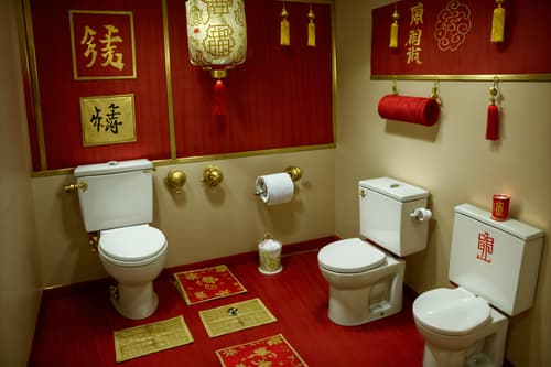 photo from pinterest of chinese new year-style interior designed (toilet interior) with sink with tap and toilet with toilet seat up and toilet paper hanger and sink with tap. . with zodiac calendar and chinese red lanterns and red and gold candles and money tree and paper firecrackers and red and gold tassels and gold ingots and red fabric & pillows. . cinematic photo, highly detailed, cinematic lighting, ultra-detailed, ultrarealistic, photorealism, 8k. trending on pinterest. chinese new year interior design style. masterpiece, cinematic light, ultrarealistic+, photorealistic+, 8k, raw photo, realistic, sharp focus on eyes, (symmetrical eyes), (intact eyes), hyperrealistic, highest quality, best quality, , highly detailed, masterpiece, best quality, extremely detailed 8k wallpaper, masterpiece, best quality, ultra-detailed, best shadow, detailed background, detailed face, detailed eyes, high contrast, best illumination, detailed face, dulux, caustic, dynamic angle, detailed glow. dramatic lighting. highly detailed, insanely detailed hair, symmetrical, intricate details, professionally retouched, 8k high definition. strong bokeh. award winning photo.
