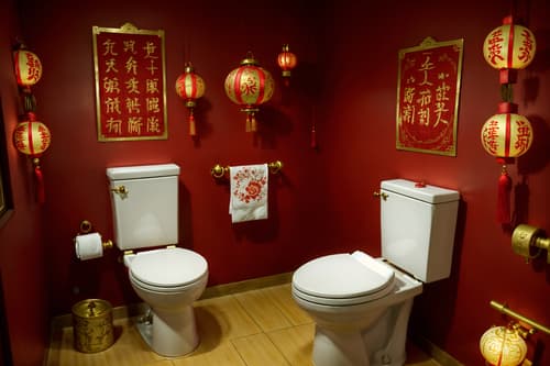photo from pinterest of chinese new year-style interior designed (toilet interior) with sink with tap and toilet with toilet seat up and toilet paper hanger and sink with tap. . with zodiac calendar and chinese red lanterns and red and gold candles and money tree and paper firecrackers and red and gold tassels and gold ingots and red fabric & pillows. . cinematic photo, highly detailed, cinematic lighting, ultra-detailed, ultrarealistic, photorealism, 8k. trending on pinterest. chinese new year interior design style. masterpiece, cinematic light, ultrarealistic+, photorealistic+, 8k, raw photo, realistic, sharp focus on eyes, (symmetrical eyes), (intact eyes), hyperrealistic, highest quality, best quality, , highly detailed, masterpiece, best quality, extremely detailed 8k wallpaper, masterpiece, best quality, ultra-detailed, best shadow, detailed background, detailed face, detailed eyes, high contrast, best illumination, detailed face, dulux, caustic, dynamic angle, detailed glow. dramatic lighting. highly detailed, insanely detailed hair, symmetrical, intricate details, professionally retouched, 8k high definition. strong bokeh. award winning photo.