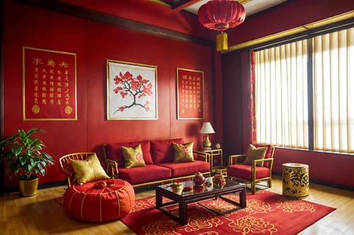 photo from pinterest of chinese new year-style interior designed (office interior) with office chairs and seating area with sofa and windows and cabinets and lounge chairs and office desks and desk lamps and computer desks. . with paper firecrackers and red and gold tassels and red fabric & pillows and red and gold candles and zodiac calendar and vases of plum blossoms and orchids and orange trees and gold ingots. . cinematic photo, highly detailed, cinematic lighting, ultra-detailed, ultrarealistic, photorealism, 8k. trending on pinterest. chinese new year interior design style. masterpiece, cinematic light, ultrarealistic+, photorealistic+, 8k, raw photo, realistic, sharp focus on eyes, (symmetrical eyes), (intact eyes), hyperrealistic, highest quality, best quality, , highly detailed, masterpiece, best quality, extremely detailed 8k wallpaper, masterpiece, best quality, ultra-detailed, best shadow, detailed background, detailed face, detailed eyes, high contrast, best illumination, detailed face, dulux, caustic, dynamic angle, detailed glow. dramatic lighting. highly detailed, insanely detailed hair, symmetrical, intricate details, professionally retouched, 8k high definition. strong bokeh. award winning photo.