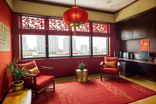 photo from pinterest of chinese new year-style interior designed (office interior) with office chairs and seating area with sofa and windows and cabinets and lounge chairs and office desks and desk lamps and computer desks. . with paper firecrackers and red and gold tassels and red fabric & pillows and red and gold candles and zodiac calendar and vases of plum blossoms and orchids and orange trees and gold ingots. . cinematic photo, highly detailed, cinematic lighting, ultra-detailed, ultrarealistic, photorealism, 8k. trending on pinterest. chinese new year interior design style. masterpiece, cinematic light, ultrarealistic+, photorealistic+, 8k, raw photo, realistic, sharp focus on eyes, (symmetrical eyes), (intact eyes), hyperrealistic, highest quality, best quality, , highly detailed, masterpiece, best quality, extremely detailed 8k wallpaper, masterpiece, best quality, ultra-detailed, best shadow, detailed background, detailed face, detailed eyes, high contrast, best illumination, detailed face, dulux, caustic, dynamic angle, detailed glow. dramatic lighting. highly detailed, insanely detailed hair, symmetrical, intricate details, professionally retouched, 8k high definition. strong bokeh. award winning photo.
