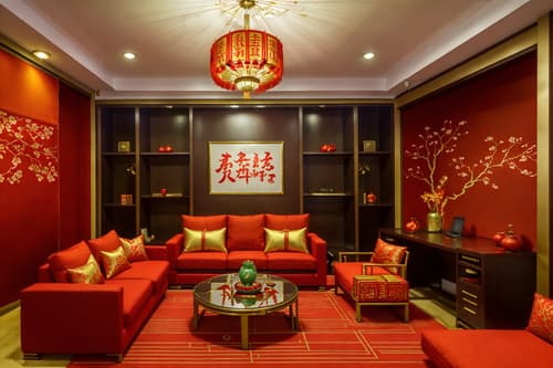 photo from pinterest of chinese new year-style interior designed (office interior) with office chairs and seating area with sofa and windows and cabinets and lounge chairs and office desks and desk lamps and computer desks. . with paper firecrackers and red and gold tassels and red fabric & pillows and red and gold candles and zodiac calendar and vases of plum blossoms and orchids and orange trees and gold ingots. . cinematic photo, highly detailed, cinematic lighting, ultra-detailed, ultrarealistic, photorealism, 8k. trending on pinterest. chinese new year interior design style. masterpiece, cinematic light, ultrarealistic+, photorealistic+, 8k, raw photo, realistic, sharp focus on eyes, (symmetrical eyes), (intact eyes), hyperrealistic, highest quality, best quality, , highly detailed, masterpiece, best quality, extremely detailed 8k wallpaper, masterpiece, best quality, ultra-detailed, best shadow, detailed background, detailed face, detailed eyes, high contrast, best illumination, detailed face, dulux, caustic, dynamic angle, detailed glow. dramatic lighting. highly detailed, insanely detailed hair, symmetrical, intricate details, professionally retouched, 8k high definition. strong bokeh. award winning photo.