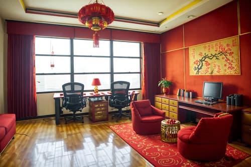 photo from pinterest of chinese new year-style interior designed (office interior) with office chairs and seating area with sofa and windows and cabinets and lounge chairs and office desks and desk lamps and computer desks. . with paper firecrackers and red and gold tassels and red fabric & pillows and red and gold candles and zodiac calendar and vases of plum blossoms and orchids and orange trees and gold ingots. . cinematic photo, highly detailed, cinematic lighting, ultra-detailed, ultrarealistic, photorealism, 8k. trending on pinterest. chinese new year interior design style. masterpiece, cinematic light, ultrarealistic+, photorealistic+, 8k, raw photo, realistic, sharp focus on eyes, (symmetrical eyes), (intact eyes), hyperrealistic, highest quality, best quality, , highly detailed, masterpiece, best quality, extremely detailed 8k wallpaper, masterpiece, best quality, ultra-detailed, best shadow, detailed background, detailed face, detailed eyes, high contrast, best illumination, detailed face, dulux, caustic, dynamic angle, detailed glow. dramatic lighting. highly detailed, insanely detailed hair, symmetrical, intricate details, professionally retouched, 8k high definition. strong bokeh. award winning photo.