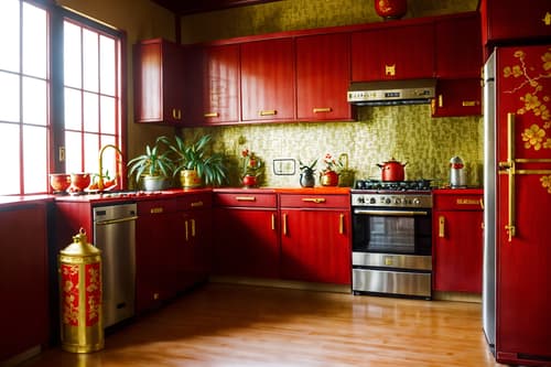 photo from pinterest of chinese new year-style interior designed (kitchen interior) with plant and kitchen cabinets and refrigerator and stove and sink and worktops and plant. . with gold ingots and kumquat trees and paper firecrackers and vases of plum blossoms and orchids and door couplets and red fabric & pillows and chinese knots and chinese red lanterns. . cinematic photo, highly detailed, cinematic lighting, ultra-detailed, ultrarealistic, photorealism, 8k. trending on pinterest. chinese new year interior design style. masterpiece, cinematic light, ultrarealistic+, photorealistic+, 8k, raw photo, realistic, sharp focus on eyes, (symmetrical eyes), (intact eyes), hyperrealistic, highest quality, best quality, , highly detailed, masterpiece, best quality, extremely detailed 8k wallpaper, masterpiece, best quality, ultra-detailed, best shadow, detailed background, detailed face, detailed eyes, high contrast, best illumination, detailed face, dulux, caustic, dynamic angle, detailed glow. dramatic lighting. highly detailed, insanely detailed hair, symmetrical, intricate details, professionally retouched, 8k high definition. strong bokeh. award winning photo.