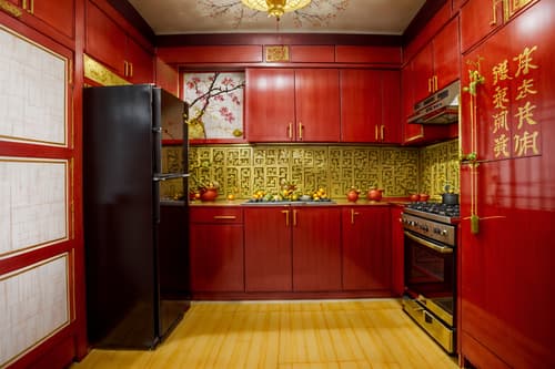 photo from pinterest of chinese new year-style interior designed (kitchen interior) with plant and kitchen cabinets and refrigerator and stove and sink and worktops and plant. . with gold ingots and kumquat trees and paper firecrackers and vases of plum blossoms and orchids and door couplets and red fabric & pillows and chinese knots and chinese red lanterns. . cinematic photo, highly detailed, cinematic lighting, ultra-detailed, ultrarealistic, photorealism, 8k. trending on pinterest. chinese new year interior design style. masterpiece, cinematic light, ultrarealistic+, photorealistic+, 8k, raw photo, realistic, sharp focus on eyes, (symmetrical eyes), (intact eyes), hyperrealistic, highest quality, best quality, , highly detailed, masterpiece, best quality, extremely detailed 8k wallpaper, masterpiece, best quality, ultra-detailed, best shadow, detailed background, detailed face, detailed eyes, high contrast, best illumination, detailed face, dulux, caustic, dynamic angle, detailed glow. dramatic lighting. highly detailed, insanely detailed hair, symmetrical, intricate details, professionally retouched, 8k high definition. strong bokeh. award winning photo.