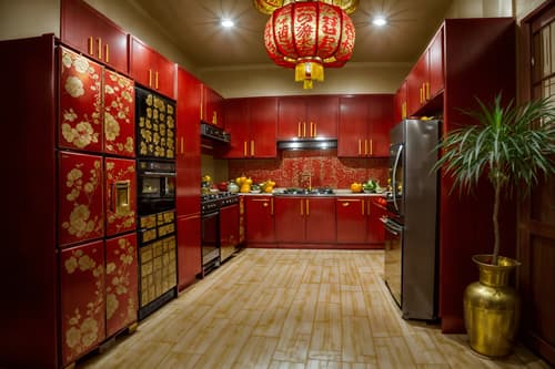 photo from pinterest of chinese new year-style interior designed (kitchen interior) with plant and kitchen cabinets and refrigerator and stove and sink and worktops and plant. . with gold ingots and kumquat trees and paper firecrackers and vases of plum blossoms and orchids and door couplets and red fabric & pillows and chinese knots and chinese red lanterns. . cinematic photo, highly detailed, cinematic lighting, ultra-detailed, ultrarealistic, photorealism, 8k. trending on pinterest. chinese new year interior design style. masterpiece, cinematic light, ultrarealistic+, photorealistic+, 8k, raw photo, realistic, sharp focus on eyes, (symmetrical eyes), (intact eyes), hyperrealistic, highest quality, best quality, , highly detailed, masterpiece, best quality, extremely detailed 8k wallpaper, masterpiece, best quality, ultra-detailed, best shadow, detailed background, detailed face, detailed eyes, high contrast, best illumination, detailed face, dulux, caustic, dynamic angle, detailed glow. dramatic lighting. highly detailed, insanely detailed hair, symmetrical, intricate details, professionally retouched, 8k high definition. strong bokeh. award winning photo.