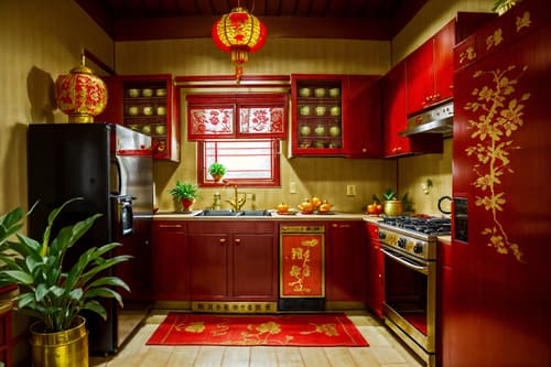 photo from pinterest of chinese new year-style interior designed (kitchen interior) with plant and kitchen cabinets and refrigerator and stove and sink and worktops and plant. . with gold ingots and kumquat trees and paper firecrackers and vases of plum blossoms and orchids and door couplets and red fabric & pillows and chinese knots and chinese red lanterns. . cinematic photo, highly detailed, cinematic lighting, ultra-detailed, ultrarealistic, photorealism, 8k. trending on pinterest. chinese new year interior design style. masterpiece, cinematic light, ultrarealistic+, photorealistic+, 8k, raw photo, realistic, sharp focus on eyes, (symmetrical eyes), (intact eyes), hyperrealistic, highest quality, best quality, , highly detailed, masterpiece, best quality, extremely detailed 8k wallpaper, masterpiece, best quality, ultra-detailed, best shadow, detailed background, detailed face, detailed eyes, high contrast, best illumination, detailed face, dulux, caustic, dynamic angle, detailed glow. dramatic lighting. highly detailed, insanely detailed hair, symmetrical, intricate details, professionally retouched, 8k high definition. strong bokeh. award winning photo.