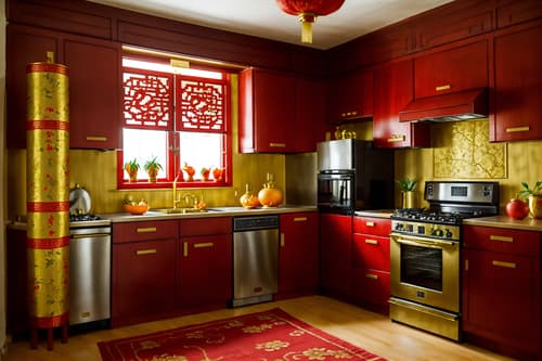 photo from pinterest of chinese new year-style interior designed (kitchen interior) with plant and kitchen cabinets and refrigerator and stove and sink and worktops and plant. . with gold ingots and kumquat trees and paper firecrackers and vases of plum blossoms and orchids and door couplets and red fabric & pillows and chinese knots and chinese red lanterns. . cinematic photo, highly detailed, cinematic lighting, ultra-detailed, ultrarealistic, photorealism, 8k. trending on pinterest. chinese new year interior design style. masterpiece, cinematic light, ultrarealistic+, photorealistic+, 8k, raw photo, realistic, sharp focus on eyes, (symmetrical eyes), (intact eyes), hyperrealistic, highest quality, best quality, , highly detailed, masterpiece, best quality, extremely detailed 8k wallpaper, masterpiece, best quality, ultra-detailed, best shadow, detailed background, detailed face, detailed eyes, high contrast, best illumination, detailed face, dulux, caustic, dynamic angle, detailed glow. dramatic lighting. highly detailed, insanely detailed hair, symmetrical, intricate details, professionally retouched, 8k high definition. strong bokeh. award winning photo.