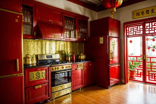 photo from pinterest of chinese new year-style interior designed (kitchen interior) with plant and kitchen cabinets and refrigerator and stove and sink and worktops and plant. . with gold ingots and kumquat trees and paper firecrackers and vases of plum blossoms and orchids and door couplets and red fabric & pillows and chinese knots and chinese red lanterns. . cinematic photo, highly detailed, cinematic lighting, ultra-detailed, ultrarealistic, photorealism, 8k. trending on pinterest. chinese new year interior design style. masterpiece, cinematic light, ultrarealistic+, photorealistic+, 8k, raw photo, realistic, sharp focus on eyes, (symmetrical eyes), (intact eyes), hyperrealistic, highest quality, best quality, , highly detailed, masterpiece, best quality, extremely detailed 8k wallpaper, masterpiece, best quality, ultra-detailed, best shadow, detailed background, detailed face, detailed eyes, high contrast, best illumination, detailed face, dulux, caustic, dynamic angle, detailed glow. dramatic lighting. highly detailed, insanely detailed hair, symmetrical, intricate details, professionally retouched, 8k high definition. strong bokeh. award winning photo.