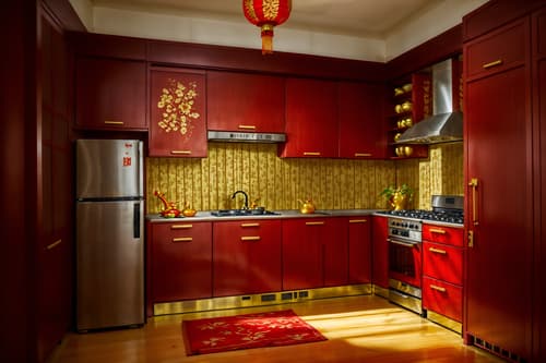 photo from pinterest of chinese new year-style interior designed (kitchen interior) with plant and kitchen cabinets and refrigerator and stove and sink and worktops and plant. . with gold ingots and kumquat trees and paper firecrackers and vases of plum blossoms and orchids and door couplets and red fabric & pillows and chinese knots and chinese red lanterns. . cinematic photo, highly detailed, cinematic lighting, ultra-detailed, ultrarealistic, photorealism, 8k. trending on pinterest. chinese new year interior design style. masterpiece, cinematic light, ultrarealistic+, photorealistic+, 8k, raw photo, realistic, sharp focus on eyes, (symmetrical eyes), (intact eyes), hyperrealistic, highest quality, best quality, , highly detailed, masterpiece, best quality, extremely detailed 8k wallpaper, masterpiece, best quality, ultra-detailed, best shadow, detailed background, detailed face, detailed eyes, high contrast, best illumination, detailed face, dulux, caustic, dynamic angle, detailed glow. dramatic lighting. highly detailed, insanely detailed hair, symmetrical, intricate details, professionally retouched, 8k high definition. strong bokeh. award winning photo.
