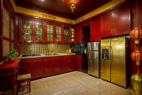 photo from pinterest of chinese new year-style interior designed (kitchen interior) with plant and kitchen cabinets and refrigerator and stove and sink and worktops and plant. . with gold ingots and kumquat trees and paper firecrackers and vases of plum blossoms and orchids and door couplets and red fabric & pillows and chinese knots and chinese red lanterns. . cinematic photo, highly detailed, cinematic lighting, ultra-detailed, ultrarealistic, photorealism, 8k. trending on pinterest. chinese new year interior design style. masterpiece, cinematic light, ultrarealistic+, photorealistic+, 8k, raw photo, realistic, sharp focus on eyes, (symmetrical eyes), (intact eyes), hyperrealistic, highest quality, best quality, , highly detailed, masterpiece, best quality, extremely detailed 8k wallpaper, masterpiece, best quality, ultra-detailed, best shadow, detailed background, detailed face, detailed eyes, high contrast, best illumination, detailed face, dulux, caustic, dynamic angle, detailed glow. dramatic lighting. highly detailed, insanely detailed hair, symmetrical, intricate details, professionally retouched, 8k high definition. strong bokeh. award winning photo.
