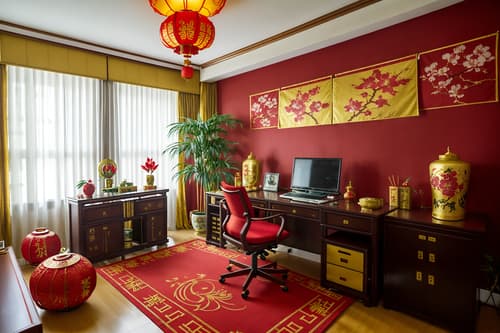 photo from pinterest of chinese new year-style interior designed (home office interior) with office chair and desk lamp and computer desk and cabinets and plant and office chair. . with fai chun banners and paper cuttings and mei hwa flowers and zodiac calendar and vases of plum blossoms and orchids and red and gold candles and gold ingots and chinese red lanterns. . cinematic photo, highly detailed, cinematic lighting, ultra-detailed, ultrarealistic, photorealism, 8k. trending on pinterest. chinese new year interior design style. masterpiece, cinematic light, ultrarealistic+, photorealistic+, 8k, raw photo, realistic, sharp focus on eyes, (symmetrical eyes), (intact eyes), hyperrealistic, highest quality, best quality, , highly detailed, masterpiece, best quality, extremely detailed 8k wallpaper, masterpiece, best quality, ultra-detailed, best shadow, detailed background, detailed face, detailed eyes, high contrast, best illumination, detailed face, dulux, caustic, dynamic angle, detailed glow. dramatic lighting. highly detailed, insanely detailed hair, symmetrical, intricate details, professionally retouched, 8k high definition. strong bokeh. award winning photo.