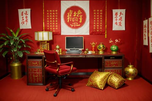 photo from pinterest of chinese new year-style interior designed (home office interior) with office chair and desk lamp and computer desk and cabinets and plant and office chair. . with fai chun banners and paper cuttings and mei hwa flowers and zodiac calendar and vases of plum blossoms and orchids and red and gold candles and gold ingots and chinese red lanterns. . cinematic photo, highly detailed, cinematic lighting, ultra-detailed, ultrarealistic, photorealism, 8k. trending on pinterest. chinese new year interior design style. masterpiece, cinematic light, ultrarealistic+, photorealistic+, 8k, raw photo, realistic, sharp focus on eyes, (symmetrical eyes), (intact eyes), hyperrealistic, highest quality, best quality, , highly detailed, masterpiece, best quality, extremely detailed 8k wallpaper, masterpiece, best quality, ultra-detailed, best shadow, detailed background, detailed face, detailed eyes, high contrast, best illumination, detailed face, dulux, caustic, dynamic angle, detailed glow. dramatic lighting. highly detailed, insanely detailed hair, symmetrical, intricate details, professionally retouched, 8k high definition. strong bokeh. award winning photo.