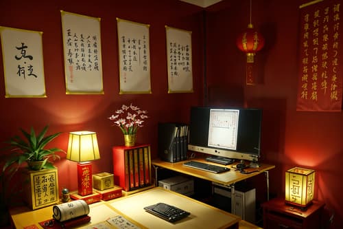 photo from pinterest of chinese new year-style interior designed (home office interior) with office chair and desk lamp and computer desk and cabinets and plant and office chair. . with fai chun banners and paper cuttings and mei hwa flowers and zodiac calendar and vases of plum blossoms and orchids and red and gold candles and gold ingots and chinese red lanterns. . cinematic photo, highly detailed, cinematic lighting, ultra-detailed, ultrarealistic, photorealism, 8k. trending on pinterest. chinese new year interior design style. masterpiece, cinematic light, ultrarealistic+, photorealistic+, 8k, raw photo, realistic, sharp focus on eyes, (symmetrical eyes), (intact eyes), hyperrealistic, highest quality, best quality, , highly detailed, masterpiece, best quality, extremely detailed 8k wallpaper, masterpiece, best quality, ultra-detailed, best shadow, detailed background, detailed face, detailed eyes, high contrast, best illumination, detailed face, dulux, caustic, dynamic angle, detailed glow. dramatic lighting. highly detailed, insanely detailed hair, symmetrical, intricate details, professionally retouched, 8k high definition. strong bokeh. award winning photo.