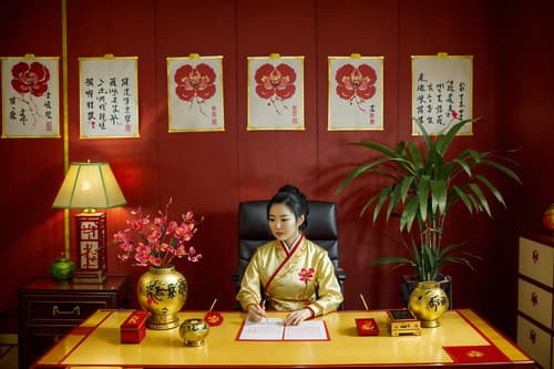 photo from pinterest of chinese new year-style interior designed (home office interior) with office chair and desk lamp and computer desk and cabinets and plant and office chair. . with fai chun banners and paper cuttings and mei hwa flowers and zodiac calendar and vases of plum blossoms and orchids and red and gold candles and gold ingots and chinese red lanterns. . cinematic photo, highly detailed, cinematic lighting, ultra-detailed, ultrarealistic, photorealism, 8k. trending on pinterest. chinese new year interior design style. masterpiece, cinematic light, ultrarealistic+, photorealistic+, 8k, raw photo, realistic, sharp focus on eyes, (symmetrical eyes), (intact eyes), hyperrealistic, highest quality, best quality, , highly detailed, masterpiece, best quality, extremely detailed 8k wallpaper, masterpiece, best quality, ultra-detailed, best shadow, detailed background, detailed face, detailed eyes, high contrast, best illumination, detailed face, dulux, caustic, dynamic angle, detailed glow. dramatic lighting. highly detailed, insanely detailed hair, symmetrical, intricate details, professionally retouched, 8k high definition. strong bokeh. award winning photo.
