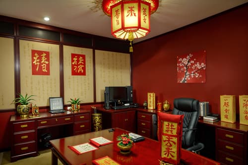 photo from pinterest of chinese new year-style interior designed (home office interior) with office chair and desk lamp and computer desk and cabinets and plant and office chair. . with fai chun banners and paper cuttings and mei hwa flowers and zodiac calendar and vases of plum blossoms and orchids and red and gold candles and gold ingots and chinese red lanterns. . cinematic photo, highly detailed, cinematic lighting, ultra-detailed, ultrarealistic, photorealism, 8k. trending on pinterest. chinese new year interior design style. masterpiece, cinematic light, ultrarealistic+, photorealistic+, 8k, raw photo, realistic, sharp focus on eyes, (symmetrical eyes), (intact eyes), hyperrealistic, highest quality, best quality, , highly detailed, masterpiece, best quality, extremely detailed 8k wallpaper, masterpiece, best quality, ultra-detailed, best shadow, detailed background, detailed face, detailed eyes, high contrast, best illumination, detailed face, dulux, caustic, dynamic angle, detailed glow. dramatic lighting. highly detailed, insanely detailed hair, symmetrical, intricate details, professionally retouched, 8k high definition. strong bokeh. award winning photo.