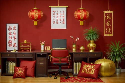 photo from pinterest of chinese new year-style interior designed (home office interior) with office chair and desk lamp and computer desk and cabinets and plant and office chair. . with fai chun banners and paper cuttings and mei hwa flowers and zodiac calendar and vases of plum blossoms and orchids and red and gold candles and gold ingots and chinese red lanterns. . cinematic photo, highly detailed, cinematic lighting, ultra-detailed, ultrarealistic, photorealism, 8k. trending on pinterest. chinese new year interior design style. masterpiece, cinematic light, ultrarealistic+, photorealistic+, 8k, raw photo, realistic, sharp focus on eyes, (symmetrical eyes), (intact eyes), hyperrealistic, highest quality, best quality, , highly detailed, masterpiece, best quality, extremely detailed 8k wallpaper, masterpiece, best quality, ultra-detailed, best shadow, detailed background, detailed face, detailed eyes, high contrast, best illumination, detailed face, dulux, caustic, dynamic angle, detailed glow. dramatic lighting. highly detailed, insanely detailed hair, symmetrical, intricate details, professionally retouched, 8k high definition. strong bokeh. award winning photo.