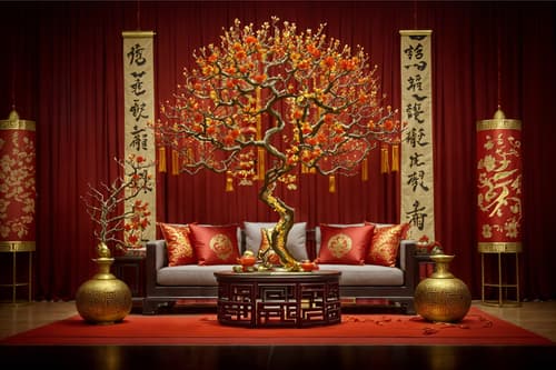 photo from pinterest of chinese new year-style interior designed (clothing store interior) . with fai chun banners and mei hwa flowers and chinese knots and gold ingots and orange trees and money tree and red and gold tassels and zodiac calendar. . cinematic photo, highly detailed, cinematic lighting, ultra-detailed, ultrarealistic, photorealism, 8k. trending on pinterest. chinese new year interior design style. masterpiece, cinematic light, ultrarealistic+, photorealistic+, 8k, raw photo, realistic, sharp focus on eyes, (symmetrical eyes), (intact eyes), hyperrealistic, highest quality, best quality, , highly detailed, masterpiece, best quality, extremely detailed 8k wallpaper, masterpiece, best quality, ultra-detailed, best shadow, detailed background, detailed face, detailed eyes, high contrast, best illumination, detailed face, dulux, caustic, dynamic angle, detailed glow. dramatic lighting. highly detailed, insanely detailed hair, symmetrical, intricate details, professionally retouched, 8k high definition. strong bokeh. award winning photo.