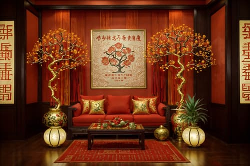 photo from pinterest of chinese new year-style interior designed (clothing store interior) . with fai chun banners and mei hwa flowers and chinese knots and gold ingots and orange trees and money tree and red and gold tassels and zodiac calendar. . cinematic photo, highly detailed, cinematic lighting, ultra-detailed, ultrarealistic, photorealism, 8k. trending on pinterest. chinese new year interior design style. masterpiece, cinematic light, ultrarealistic+, photorealistic+, 8k, raw photo, realistic, sharp focus on eyes, (symmetrical eyes), (intact eyes), hyperrealistic, highest quality, best quality, , highly detailed, masterpiece, best quality, extremely detailed 8k wallpaper, masterpiece, best quality, ultra-detailed, best shadow, detailed background, detailed face, detailed eyes, high contrast, best illumination, detailed face, dulux, caustic, dynamic angle, detailed glow. dramatic lighting. highly detailed, insanely detailed hair, symmetrical, intricate details, professionally retouched, 8k high definition. strong bokeh. award winning photo.