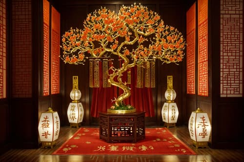 photo from pinterest of chinese new year-style interior designed (clothing store interior) . with fai chun banners and mei hwa flowers and chinese knots and gold ingots and orange trees and money tree and red and gold tassels and zodiac calendar. . cinematic photo, highly detailed, cinematic lighting, ultra-detailed, ultrarealistic, photorealism, 8k. trending on pinterest. chinese new year interior design style. masterpiece, cinematic light, ultrarealistic+, photorealistic+, 8k, raw photo, realistic, sharp focus on eyes, (symmetrical eyes), (intact eyes), hyperrealistic, highest quality, best quality, , highly detailed, masterpiece, best quality, extremely detailed 8k wallpaper, masterpiece, best quality, ultra-detailed, best shadow, detailed background, detailed face, detailed eyes, high contrast, best illumination, detailed face, dulux, caustic, dynamic angle, detailed glow. dramatic lighting. highly detailed, insanely detailed hair, symmetrical, intricate details, professionally retouched, 8k high definition. strong bokeh. award winning photo.