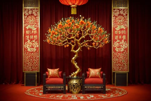photo from pinterest of chinese new year-style interior designed (clothing store interior) . with fai chun banners and mei hwa flowers and chinese knots and gold ingots and orange trees and money tree and red and gold tassels and zodiac calendar. . cinematic photo, highly detailed, cinematic lighting, ultra-detailed, ultrarealistic, photorealism, 8k. trending on pinterest. chinese new year interior design style. masterpiece, cinematic light, ultrarealistic+, photorealistic+, 8k, raw photo, realistic, sharp focus on eyes, (symmetrical eyes), (intact eyes), hyperrealistic, highest quality, best quality, , highly detailed, masterpiece, best quality, extremely detailed 8k wallpaper, masterpiece, best quality, ultra-detailed, best shadow, detailed background, detailed face, detailed eyes, high contrast, best illumination, detailed face, dulux, caustic, dynamic angle, detailed glow. dramatic lighting. highly detailed, insanely detailed hair, symmetrical, intricate details, professionally retouched, 8k high definition. strong bokeh. award winning photo.