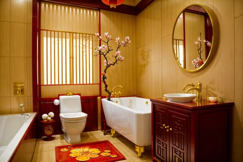 photo from pinterest of chinese new year-style interior designed (hotel bathroom interior) with waste basket and bathroom sink with faucet and shower and bathroom cabinet and bathtub and plant and toilet seat and mirror. . with red and gold candles and chinese knots and kumquat trees and zodiac calendar and vases of plum blossoms and orchids and orange trees and gold ingots and money tree. . cinematic photo, highly detailed, cinematic lighting, ultra-detailed, ultrarealistic, photorealism, 8k. trending on pinterest. chinese new year interior design style. masterpiece, cinematic light, ultrarealistic+, photorealistic+, 8k, raw photo, realistic, sharp focus on eyes, (symmetrical eyes), (intact eyes), hyperrealistic, highest quality, best quality, , highly detailed, masterpiece, best quality, extremely detailed 8k wallpaper, masterpiece, best quality, ultra-detailed, best shadow, detailed background, detailed face, detailed eyes, high contrast, best illumination, detailed face, dulux, caustic, dynamic angle, detailed glow. dramatic lighting. highly detailed, insanely detailed hair, symmetrical, intricate details, professionally retouched, 8k high definition. strong bokeh. award winning photo.