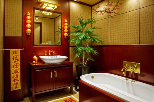photo from pinterest of chinese new year-style interior designed (hotel bathroom interior) with waste basket and bathroom sink with faucet and shower and bathroom cabinet and bathtub and plant and toilet seat and mirror. . with red and gold candles and chinese knots and kumquat trees and zodiac calendar and vases of plum blossoms and orchids and orange trees and gold ingots and money tree. . cinematic photo, highly detailed, cinematic lighting, ultra-detailed, ultrarealistic, photorealism, 8k. trending on pinterest. chinese new year interior design style. masterpiece, cinematic light, ultrarealistic+, photorealistic+, 8k, raw photo, realistic, sharp focus on eyes, (symmetrical eyes), (intact eyes), hyperrealistic, highest quality, best quality, , highly detailed, masterpiece, best quality, extremely detailed 8k wallpaper, masterpiece, best quality, ultra-detailed, best shadow, detailed background, detailed face, detailed eyes, high contrast, best illumination, detailed face, dulux, caustic, dynamic angle, detailed glow. dramatic lighting. highly detailed, insanely detailed hair, symmetrical, intricate details, professionally retouched, 8k high definition. strong bokeh. award winning photo.
