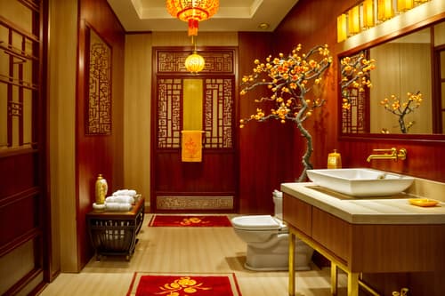 photo from pinterest of chinese new year-style interior designed (hotel bathroom interior) with waste basket and bathroom sink with faucet and shower and bathroom cabinet and bathtub and plant and toilet seat and mirror. . with red and gold candles and chinese knots and kumquat trees and zodiac calendar and vases of plum blossoms and orchids and orange trees and gold ingots and money tree. . cinematic photo, highly detailed, cinematic lighting, ultra-detailed, ultrarealistic, photorealism, 8k. trending on pinterest. chinese new year interior design style. masterpiece, cinematic light, ultrarealistic+, photorealistic+, 8k, raw photo, realistic, sharp focus on eyes, (symmetrical eyes), (intact eyes), hyperrealistic, highest quality, best quality, , highly detailed, masterpiece, best quality, extremely detailed 8k wallpaper, masterpiece, best quality, ultra-detailed, best shadow, detailed background, detailed face, detailed eyes, high contrast, best illumination, detailed face, dulux, caustic, dynamic angle, detailed glow. dramatic lighting. highly detailed, insanely detailed hair, symmetrical, intricate details, professionally retouched, 8k high definition. strong bokeh. award winning photo.