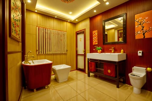 photo from pinterest of chinese new year-style interior designed (hotel bathroom interior) with waste basket and bathroom sink with faucet and shower and bathroom cabinet and bathtub and plant and toilet seat and mirror. . with red and gold candles and chinese knots and kumquat trees and zodiac calendar and vases of plum blossoms and orchids and orange trees and gold ingots and money tree. . cinematic photo, highly detailed, cinematic lighting, ultra-detailed, ultrarealistic, photorealism, 8k. trending on pinterest. chinese new year interior design style. masterpiece, cinematic light, ultrarealistic+, photorealistic+, 8k, raw photo, realistic, sharp focus on eyes, (symmetrical eyes), (intact eyes), hyperrealistic, highest quality, best quality, , highly detailed, masterpiece, best quality, extremely detailed 8k wallpaper, masterpiece, best quality, ultra-detailed, best shadow, detailed background, detailed face, detailed eyes, high contrast, best illumination, detailed face, dulux, caustic, dynamic angle, detailed glow. dramatic lighting. highly detailed, insanely detailed hair, symmetrical, intricate details, professionally retouched, 8k high definition. strong bokeh. award winning photo.