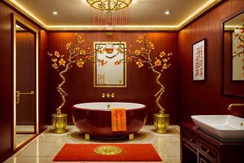 photo from pinterest of chinese new year-style interior designed (hotel bathroom interior) with waste basket and bathroom sink with faucet and shower and bathroom cabinet and bathtub and plant and toilet seat and mirror. . with red and gold candles and chinese knots and kumquat trees and zodiac calendar and vases of plum blossoms and orchids and orange trees and gold ingots and money tree. . cinematic photo, highly detailed, cinematic lighting, ultra-detailed, ultrarealistic, photorealism, 8k. trending on pinterest. chinese new year interior design style. masterpiece, cinematic light, ultrarealistic+, photorealistic+, 8k, raw photo, realistic, sharp focus on eyes, (symmetrical eyes), (intact eyes), hyperrealistic, highest quality, best quality, , highly detailed, masterpiece, best quality, extremely detailed 8k wallpaper, masterpiece, best quality, ultra-detailed, best shadow, detailed background, detailed face, detailed eyes, high contrast, best illumination, detailed face, dulux, caustic, dynamic angle, detailed glow. dramatic lighting. highly detailed, insanely detailed hair, symmetrical, intricate details, professionally retouched, 8k high definition. strong bokeh. award winning photo.