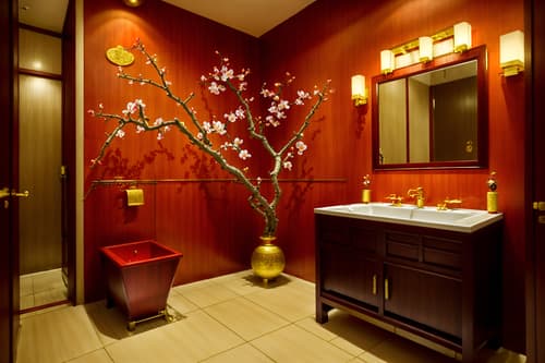 photo from pinterest of chinese new year-style interior designed (hotel bathroom interior) with waste basket and bathroom sink with faucet and shower and bathroom cabinet and bathtub and plant and toilet seat and mirror. . with red and gold candles and chinese knots and kumquat trees and zodiac calendar and vases of plum blossoms and orchids and orange trees and gold ingots and money tree. . cinematic photo, highly detailed, cinematic lighting, ultra-detailed, ultrarealistic, photorealism, 8k. trending on pinterest. chinese new year interior design style. masterpiece, cinematic light, ultrarealistic+, photorealistic+, 8k, raw photo, realistic, sharp focus on eyes, (symmetrical eyes), (intact eyes), hyperrealistic, highest quality, best quality, , highly detailed, masterpiece, best quality, extremely detailed 8k wallpaper, masterpiece, best quality, ultra-detailed, best shadow, detailed background, detailed face, detailed eyes, high contrast, best illumination, detailed face, dulux, caustic, dynamic angle, detailed glow. dramatic lighting. highly detailed, insanely detailed hair, symmetrical, intricate details, professionally retouched, 8k high definition. strong bokeh. award winning photo.